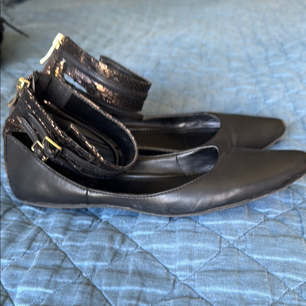 BCBG Paris Black Ballet Flats with Ankle Straps